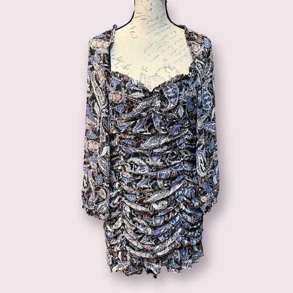 Zara Paisley Floral Print Draped Ruched Mini Dress Size L NWT - Picture 2 of 14